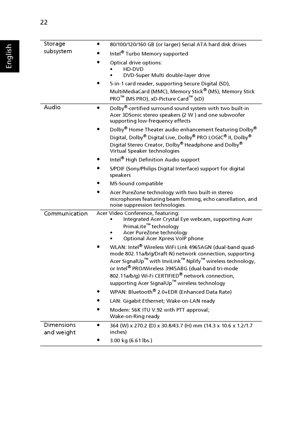 Acer 5920 manual Storage 