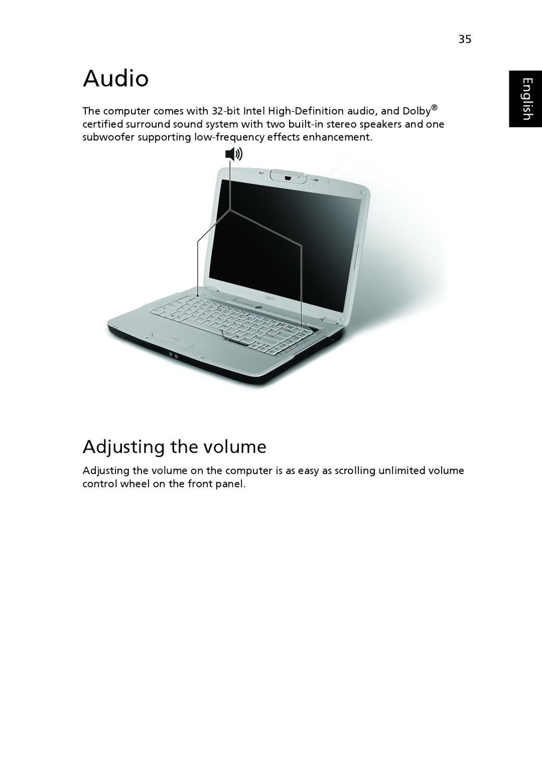 Acer 5920 manual Audio, Adjusting the volume 