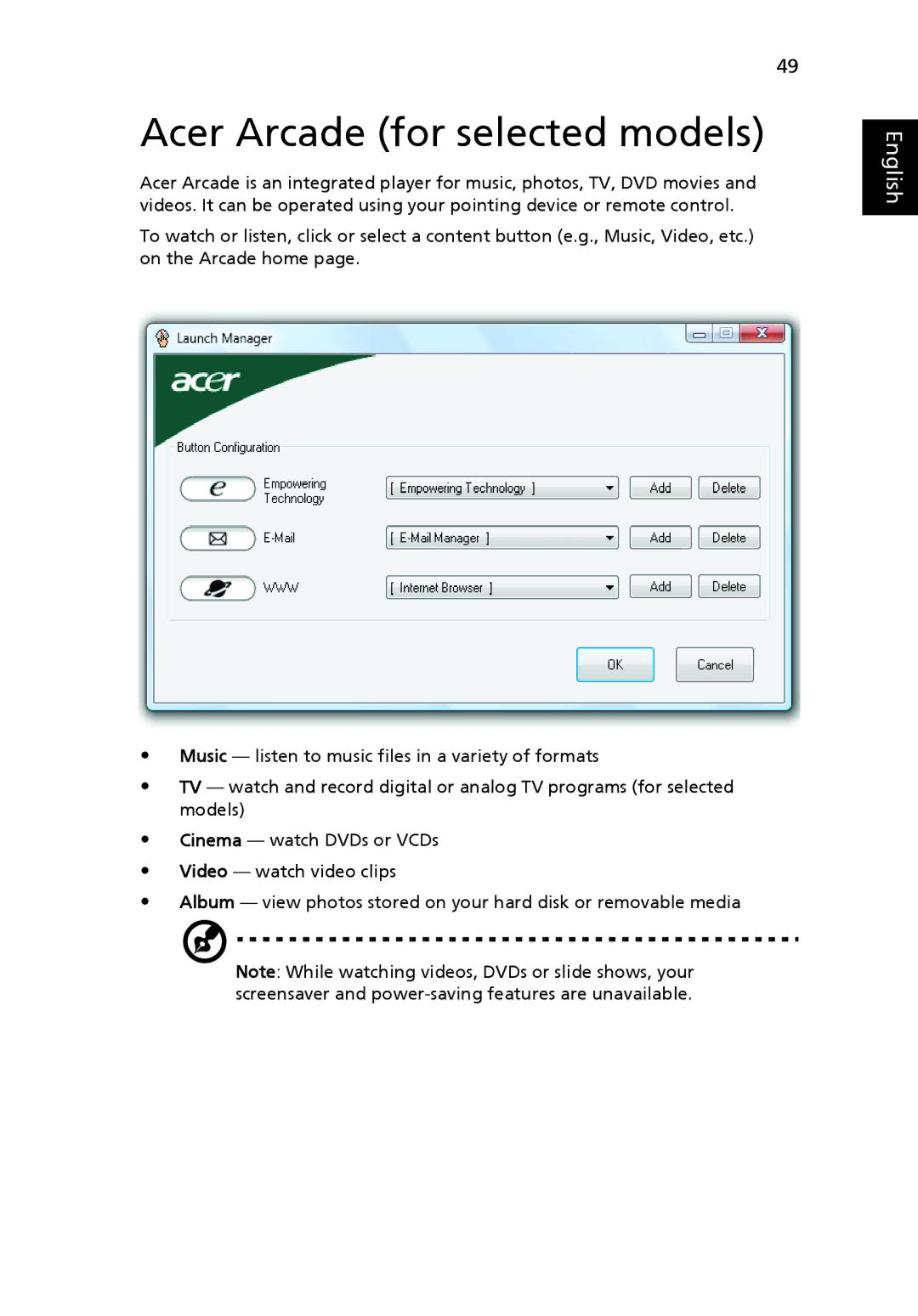 Acer 5920 manual Acer Arcade for selected models 