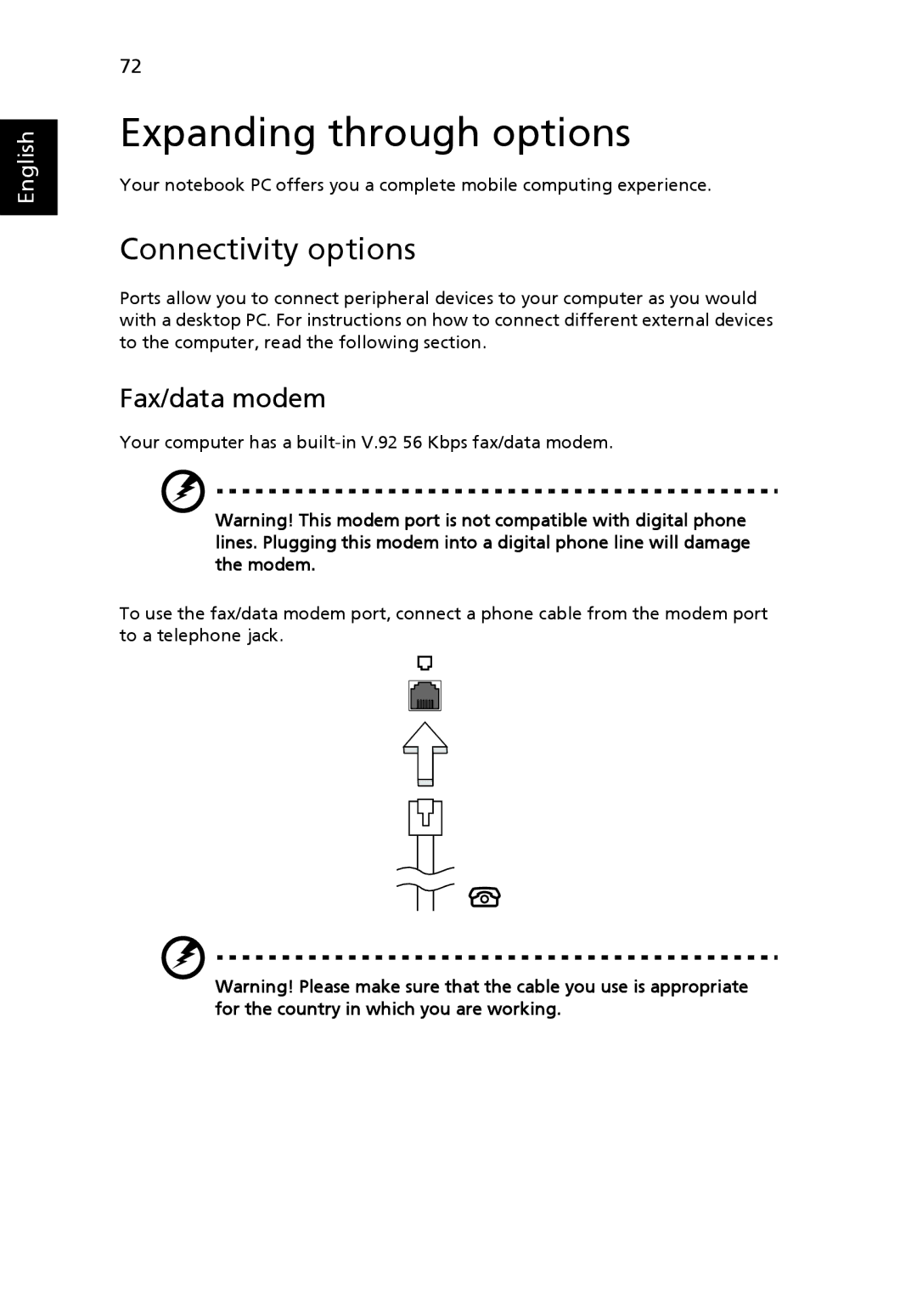 Acer 5920 manual Expanding through options, Connectivity options, Fax/data modem 