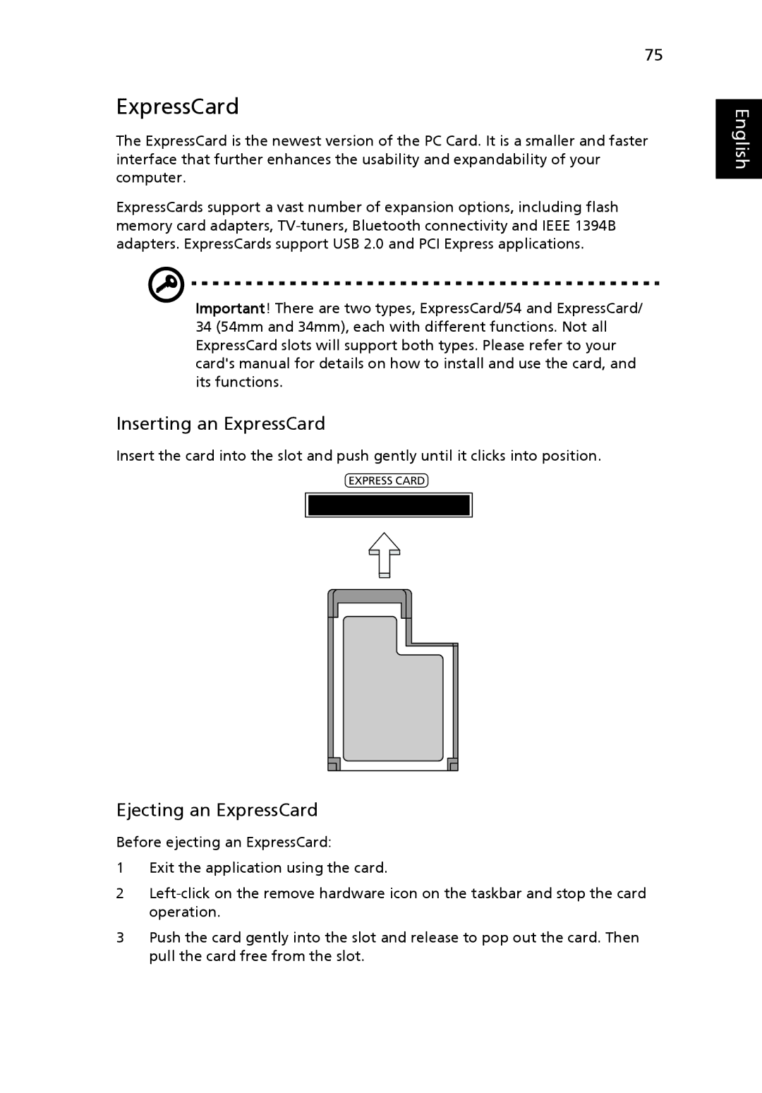 Acer 5920 manual Inserting an ExpressCard, Ejecting an ExpressCard 