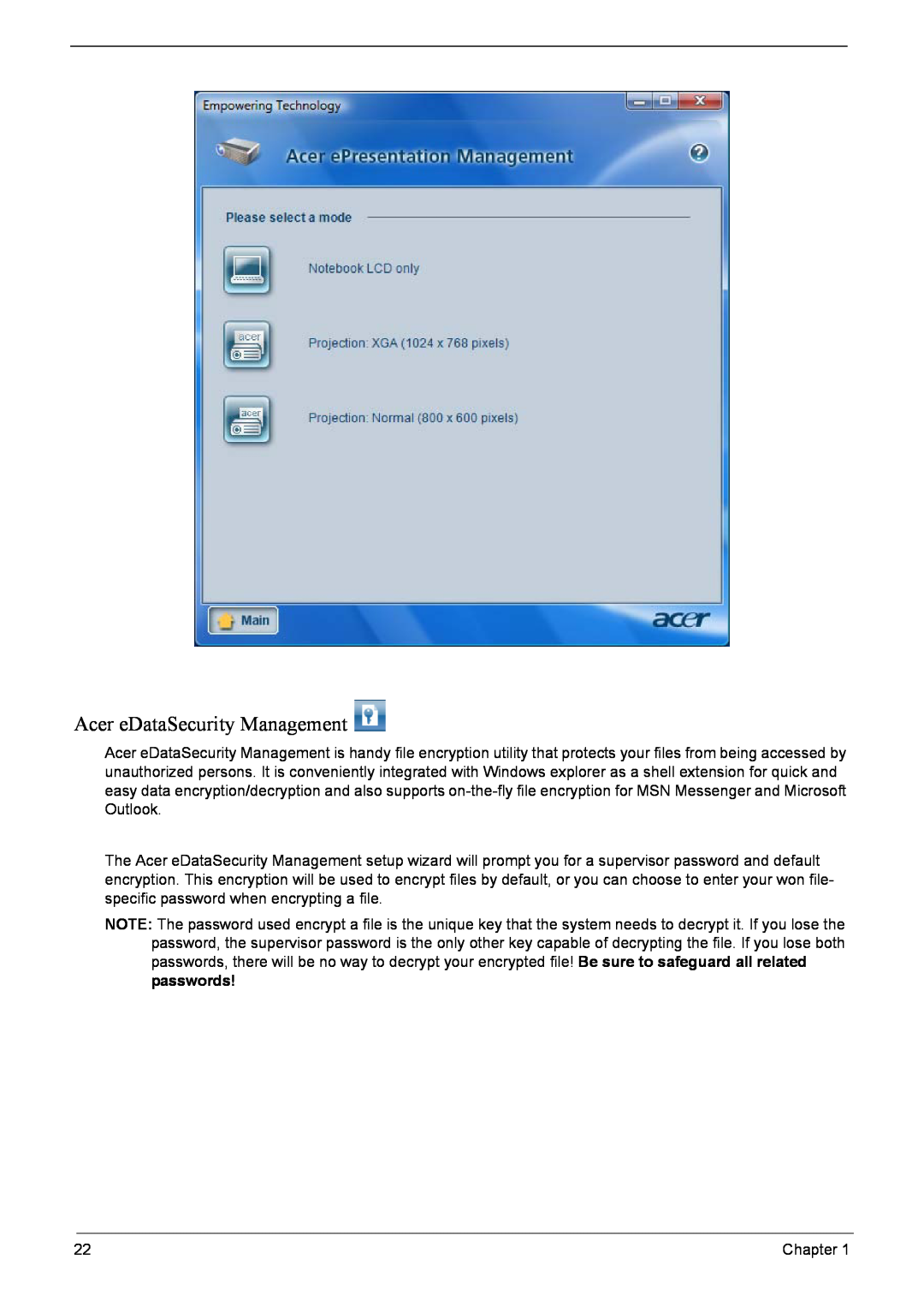 Acer 5920G Series manual Acer eDataSecurity Management 