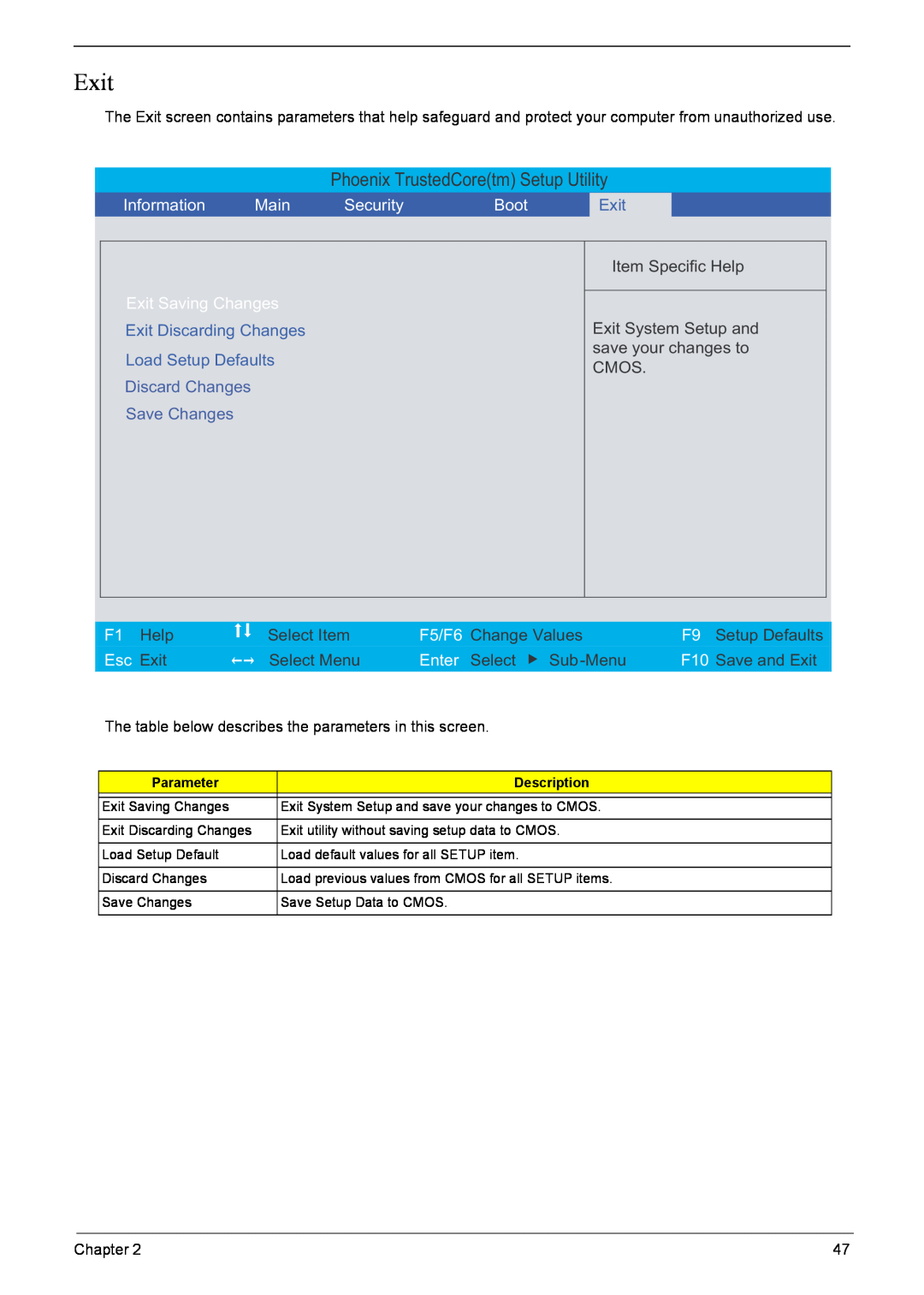 Acer 5920G Series manual Phoenix TrustedCoretm Setup Utility, Information, Main, Security, Boot, Exit Saving Changes 