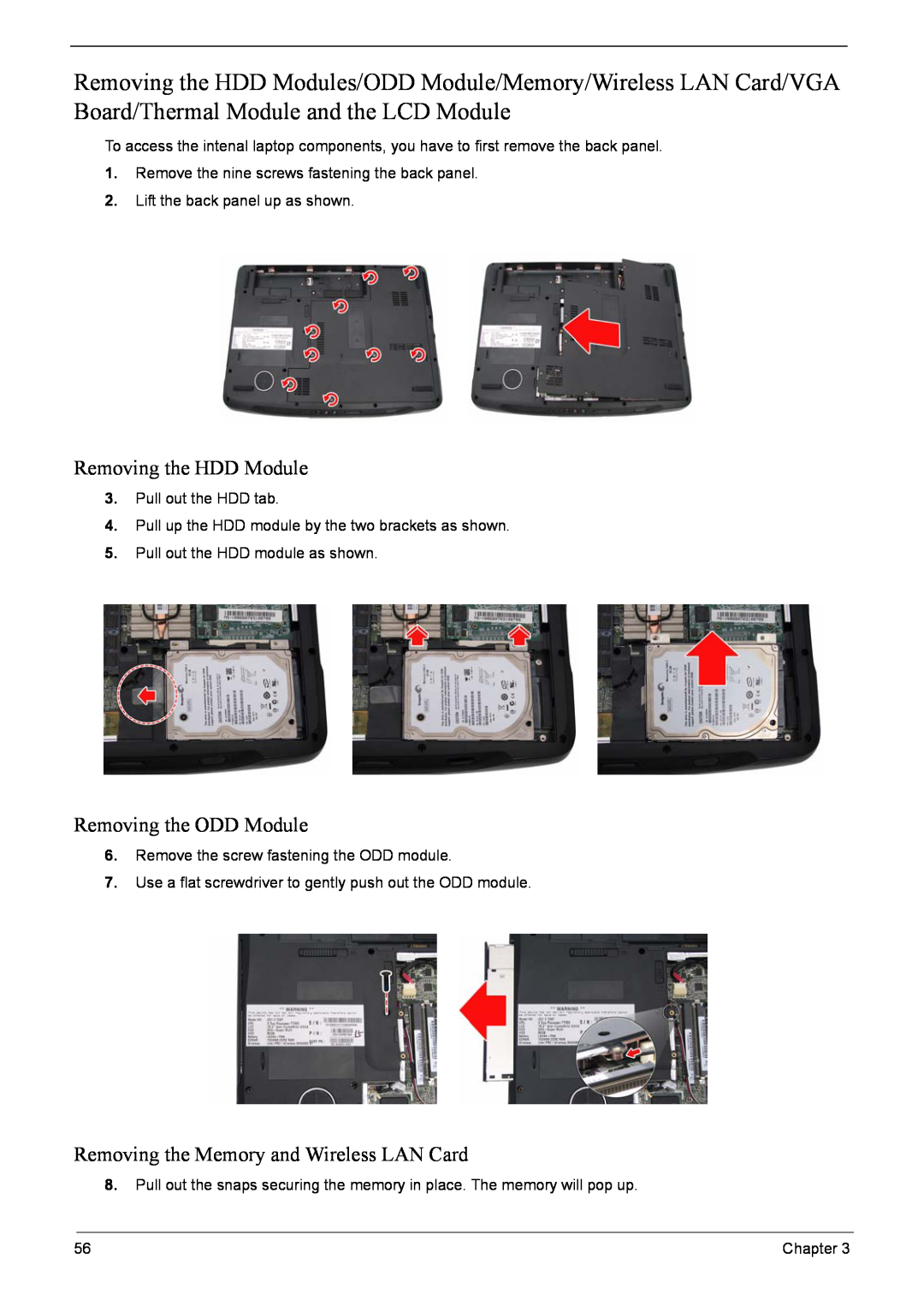Acer 5920G Series manual Removing the HDD Module, Removing the ODD Module, Removing the Memory and Wireless LAN Card 