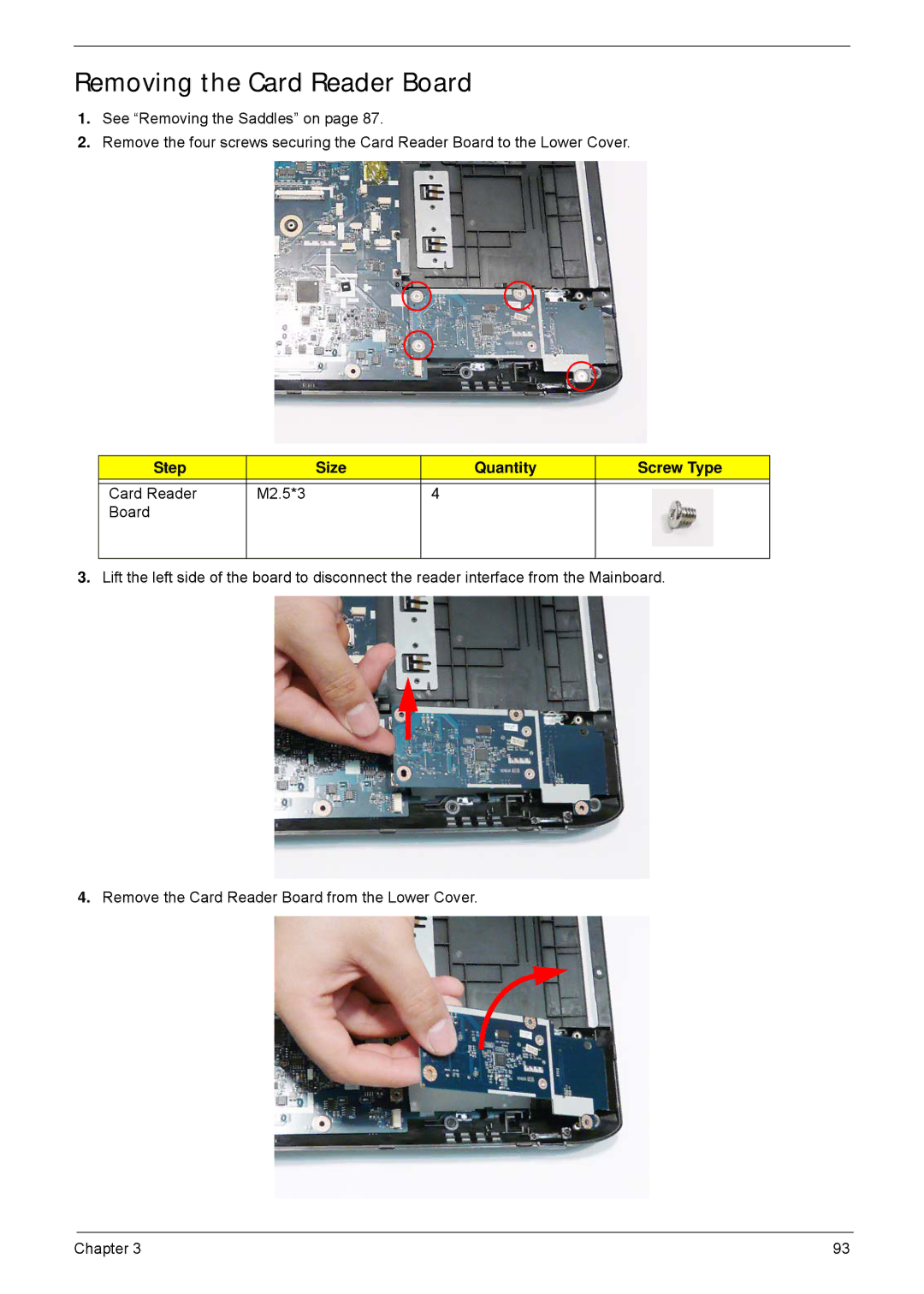 Acer 5940G manual Removing the Card Reader Board, Step Size Quantity Screw Type 