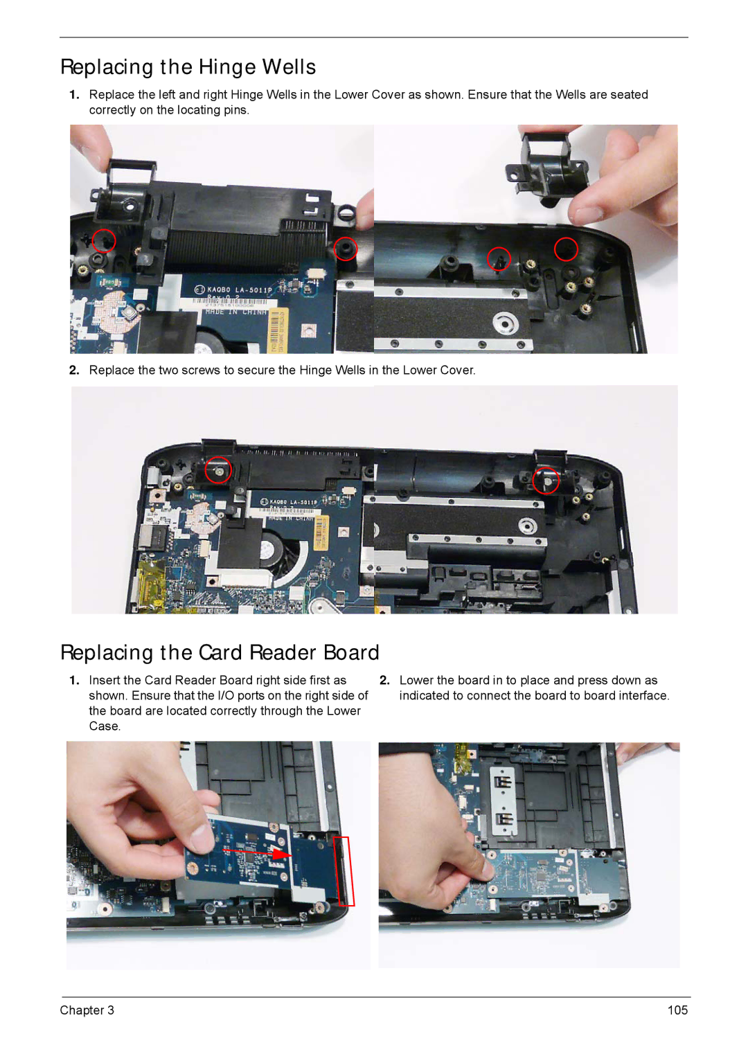 Acer 5940G manual Replacing the Hinge Wells, Replacing the Card Reader Board 