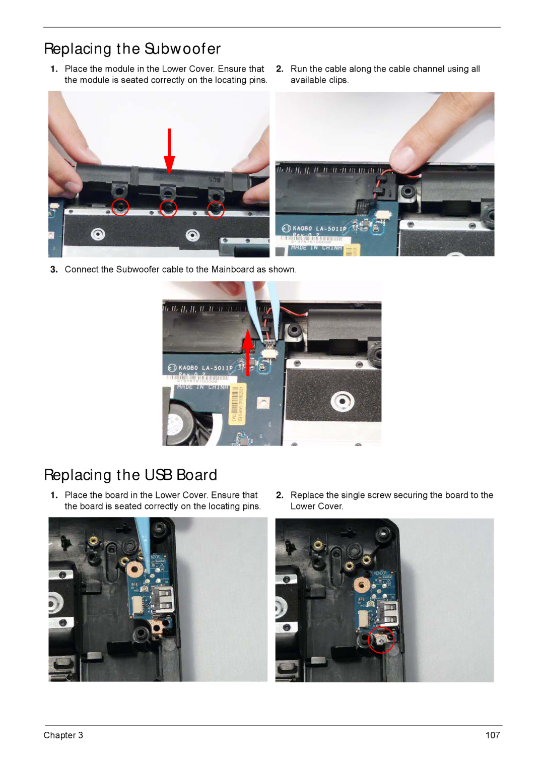 Acer 5940G manual Replacing the Subwoofer, Replacing the USB Board 