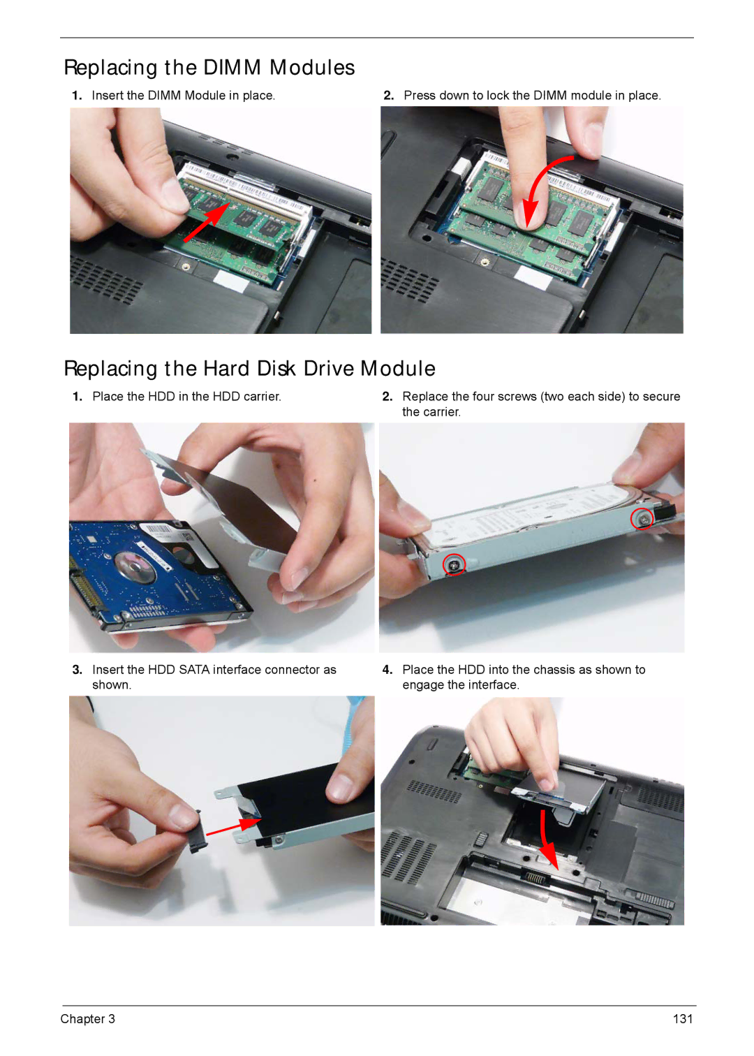 Acer 5940G manual Replacing the Dimm Modules, Replacing the Hard Disk Drive Module 