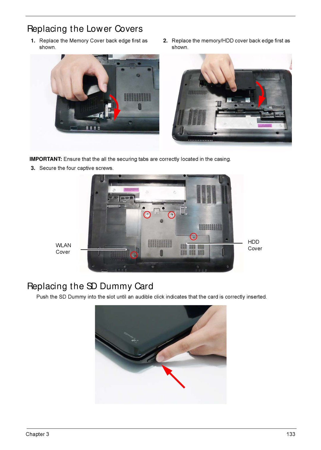 Acer 5940G manual Replacing the Lower Covers, Replacing the SD Dummy Card 