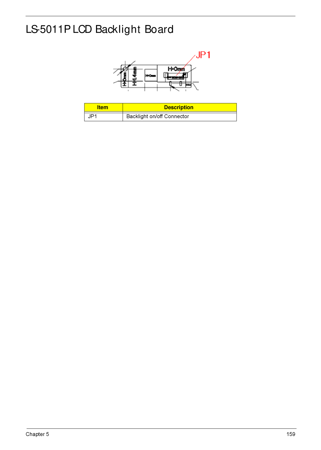 Acer 5940G manual LS-5011P LCD Backlight Board, Backlight on/off Connector 