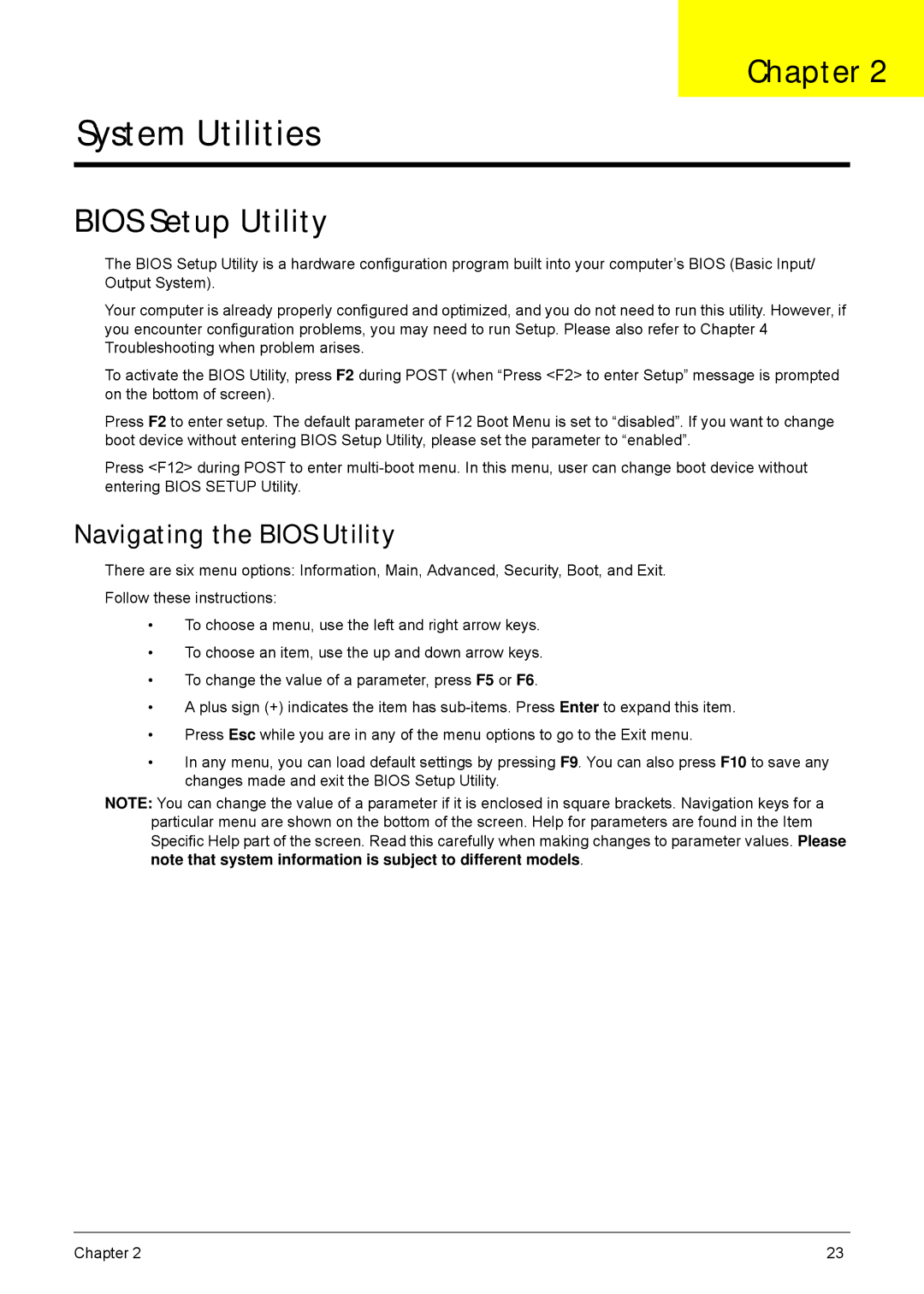 Acer 5940G manual Bios Setup Utility, Navigating the Bios Utility 