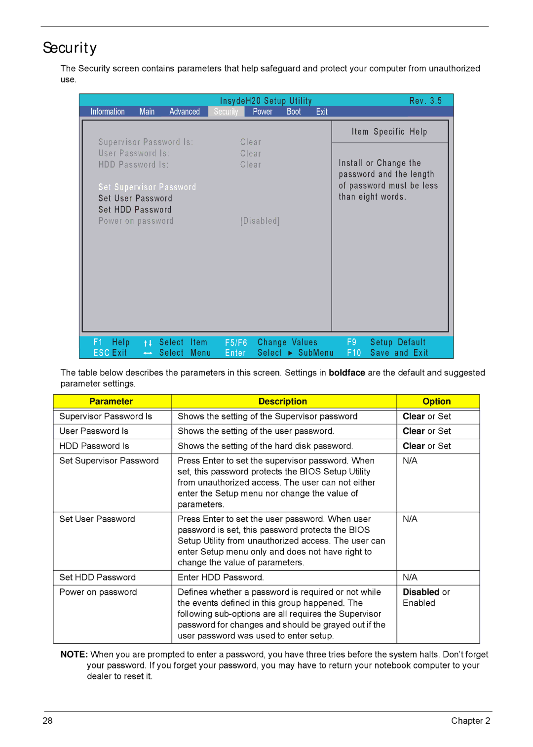 Acer 5940G manual Security, Parameter Description Option, Clear or Set, Disabled or 