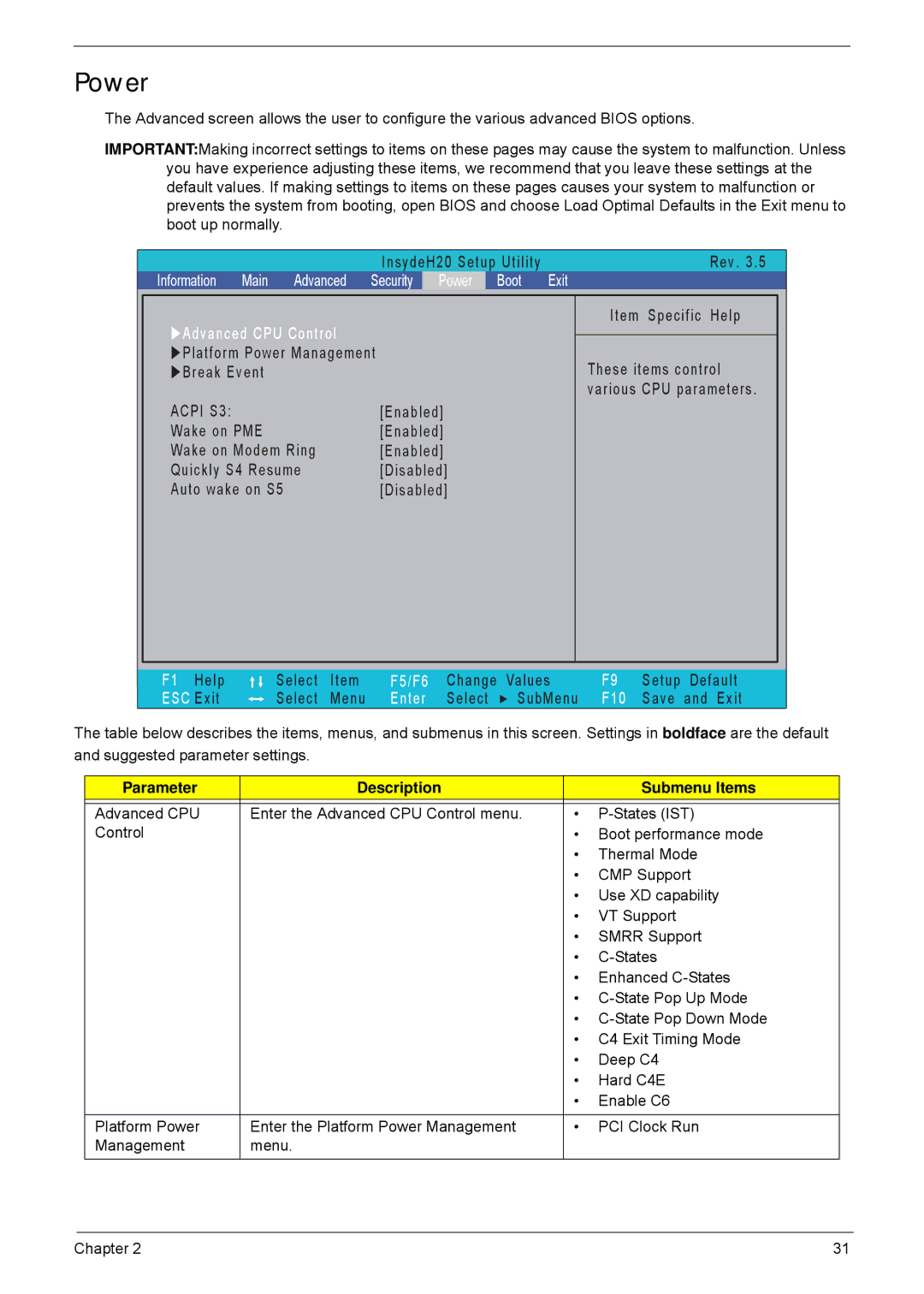 Acer 5940G manual Power, Acpi S3 