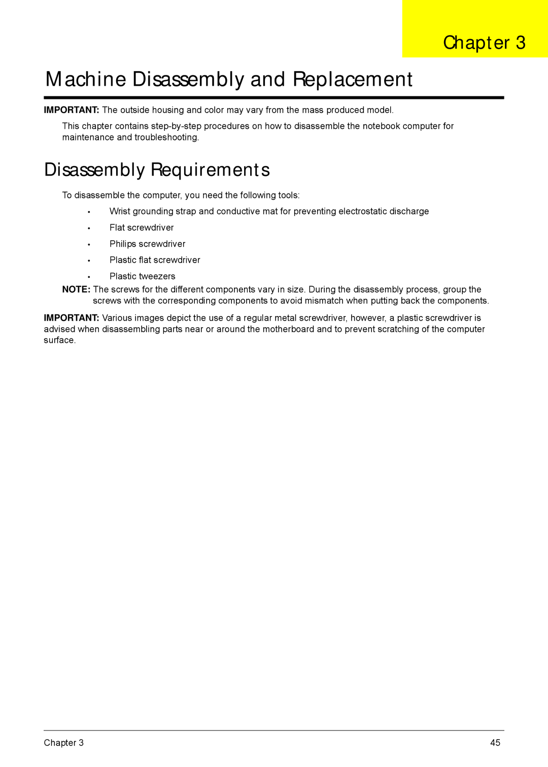 Acer 5940G manual Machine Disassembly and Replacement, Disassembly Requirements 