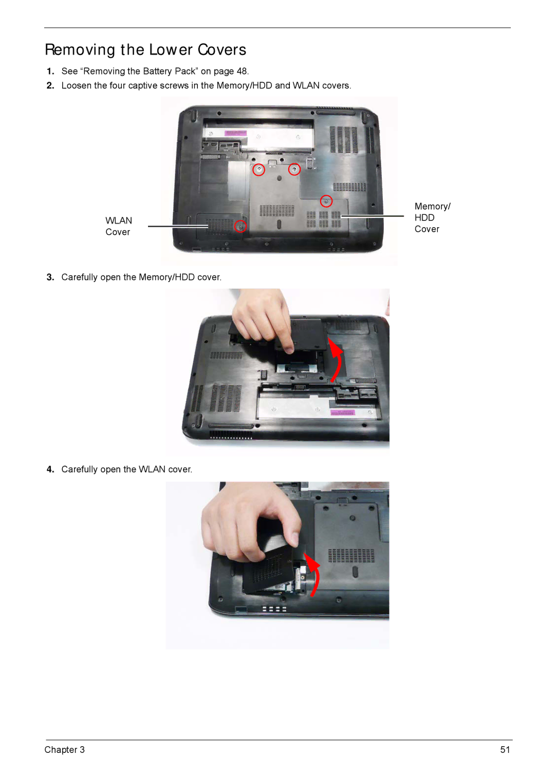 Acer 5940G manual Removing the Lower Covers, Wlan HDD 