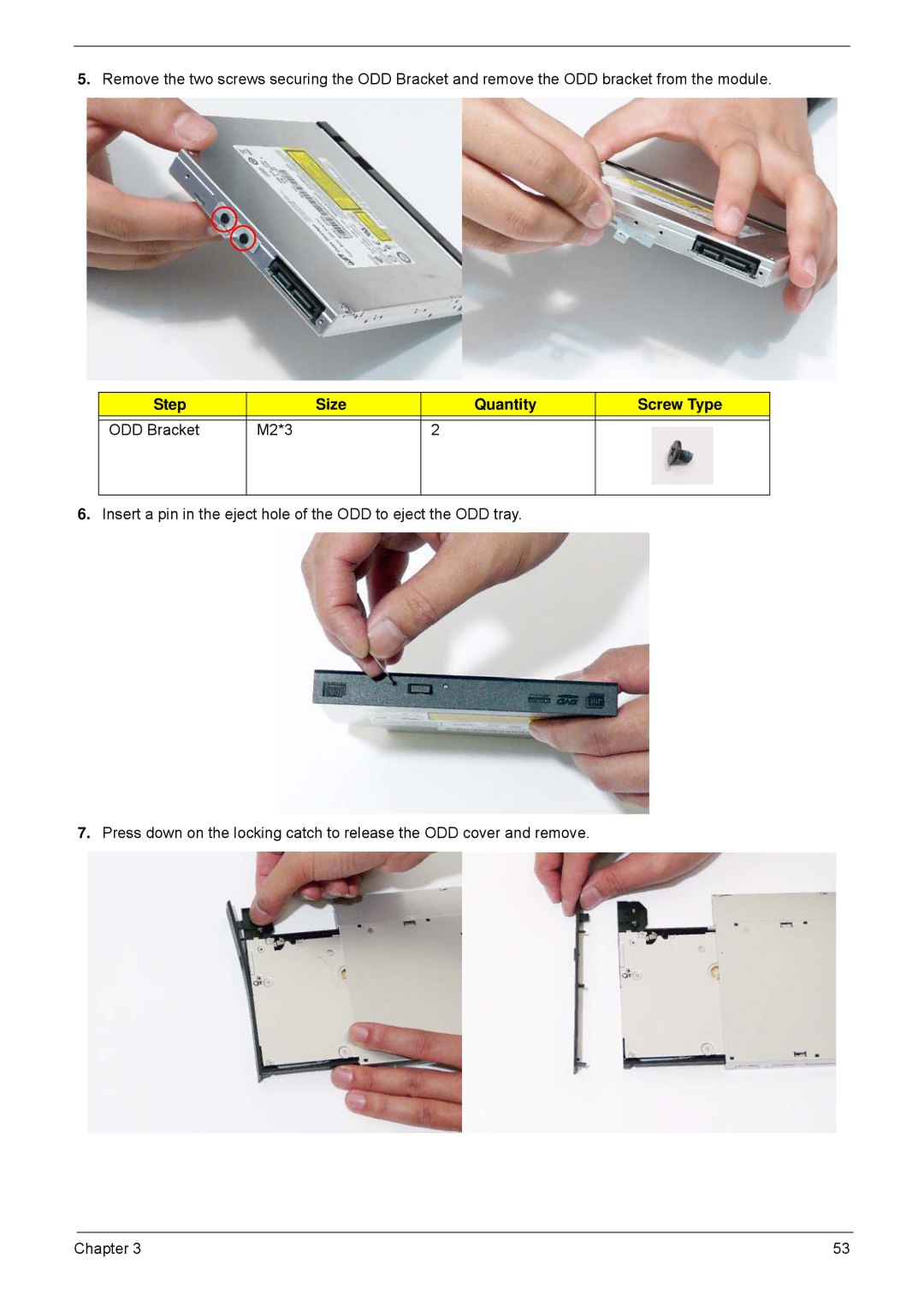 Acer 5940G manual Step Size Quantity Screw Type ODD Bracket M2*3 