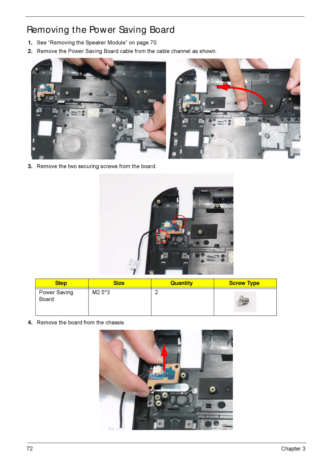 Acer 5940G manual Removing the Power Saving Board, Step Size Quantity Screw Type 