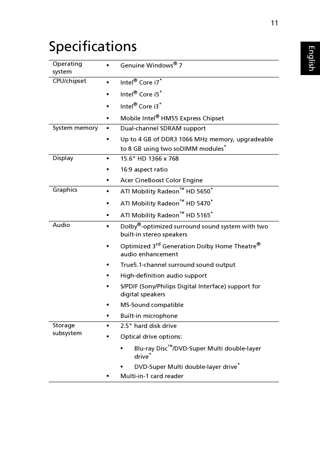 Acer 5942 manual Specifications 