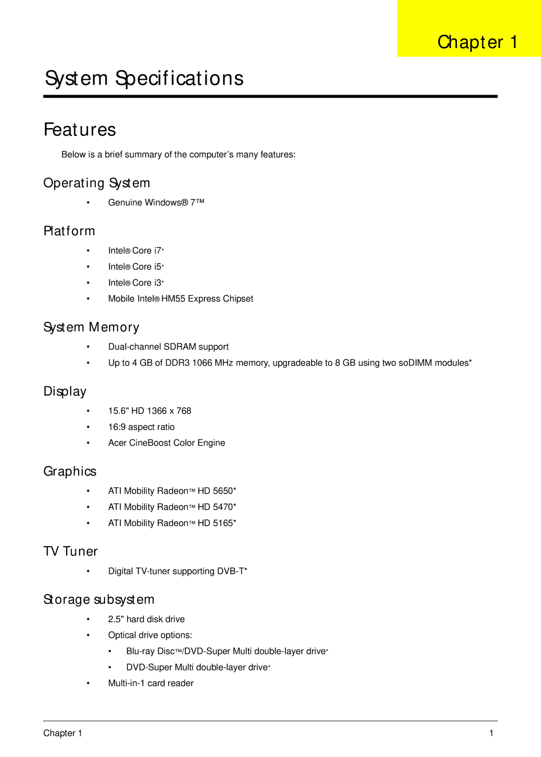 Acer 5942G manual Chapter, Features 