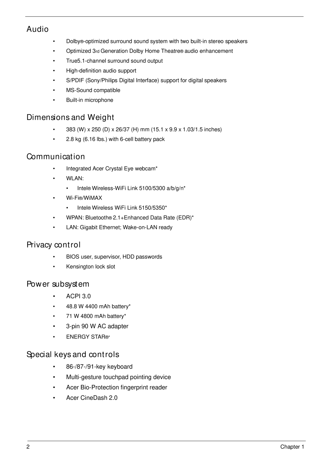 Acer 5942G manual Audio, Dimensions and Weight, Communication, Privacy control, Power subsystem, Special keys and controls 