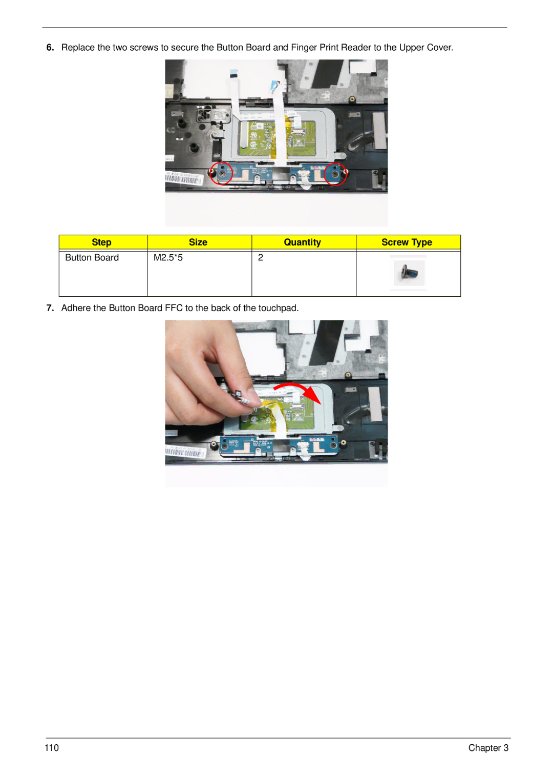 Acer 5942G manual Adhere the Button Board FFC to the back of the touchpad 