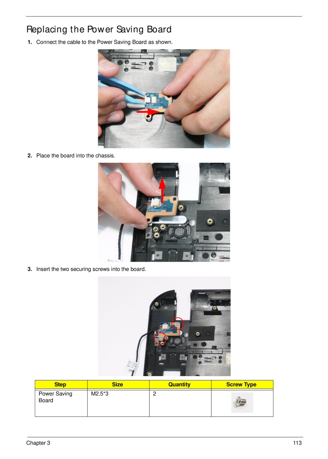 Acer 5942G manual Replacing the Power Saving Board, Step Size Quantity Screw Type 