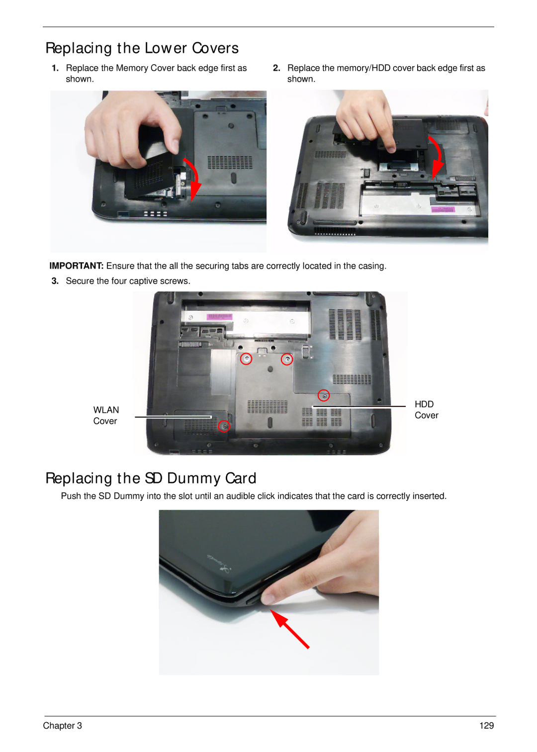 Acer 5942G manual Replacing the Lower Covers, Replacing the SD Dummy Card 