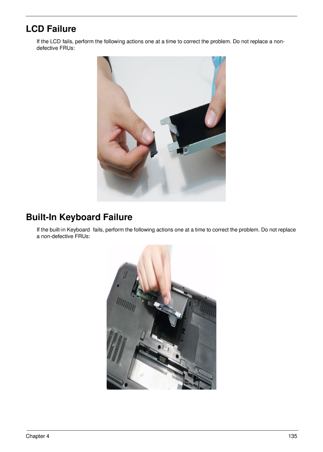 Acer 5942G manual LCD Failure, Built-In Keyboard Failure 