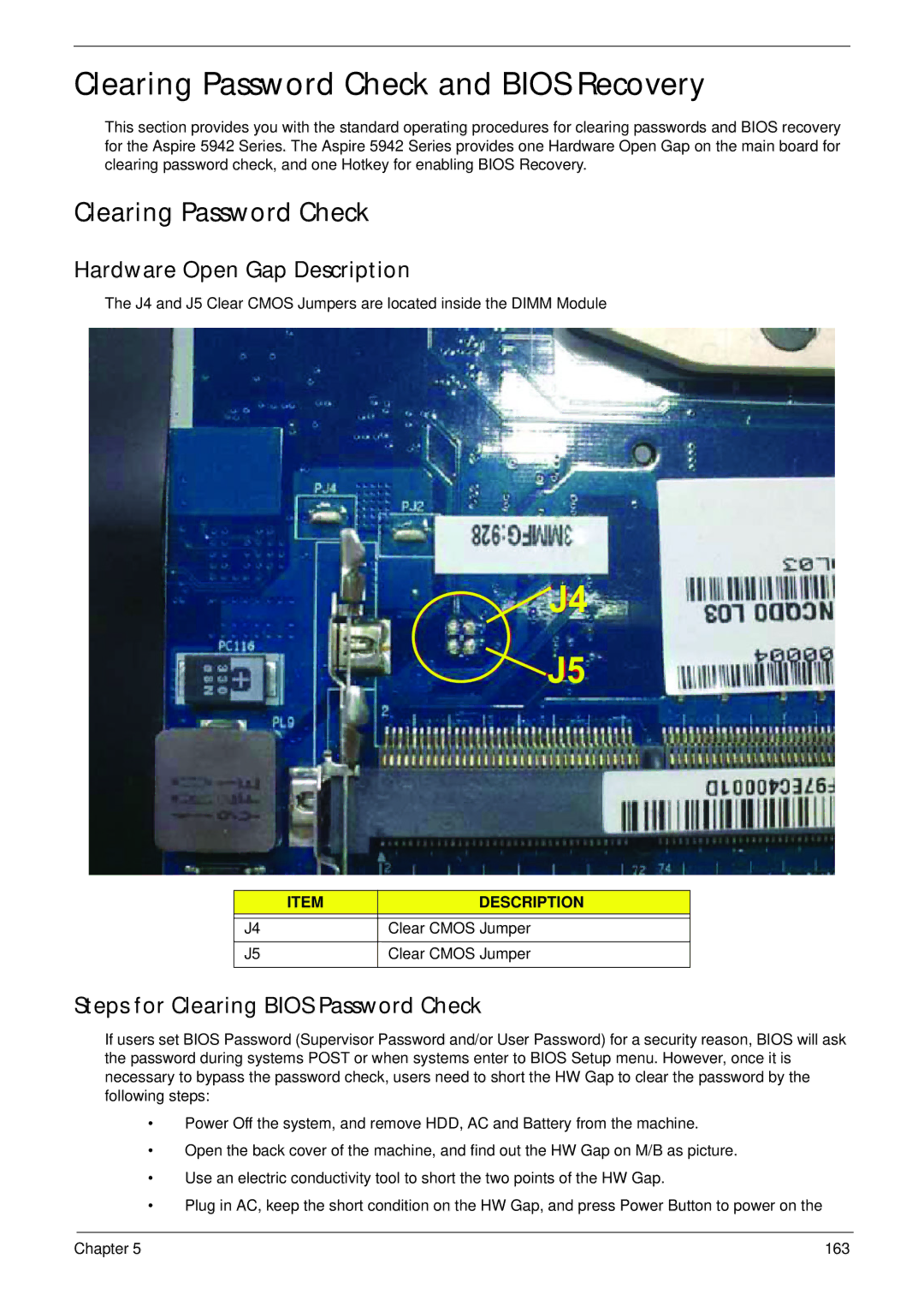 Acer 5942G manual Clearing Password Check and Bios Recovery, Hardware Open Gap Description 