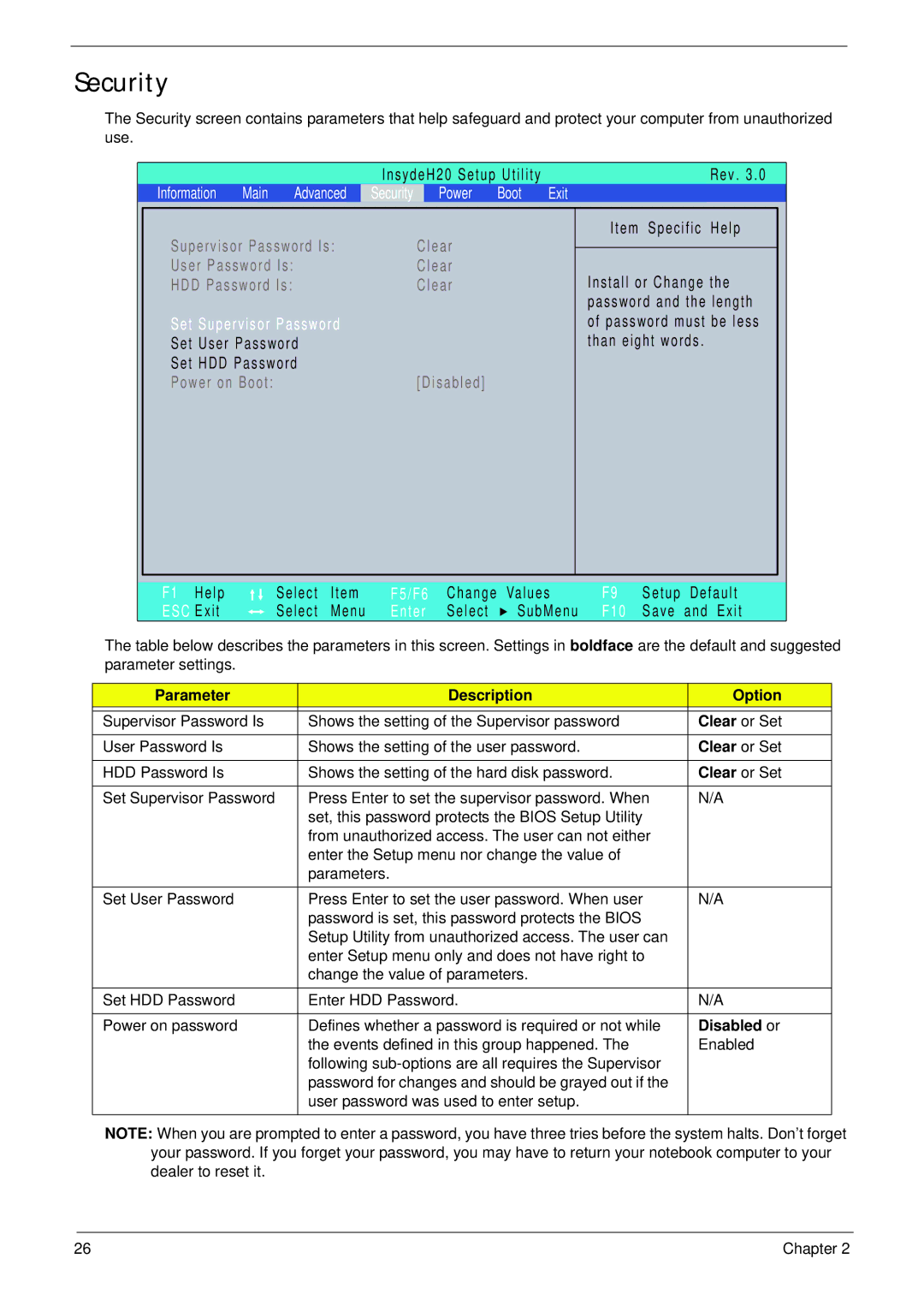 Acer 5942G manual Security, Parameter Description Option, Clear or Set, Disabled or 