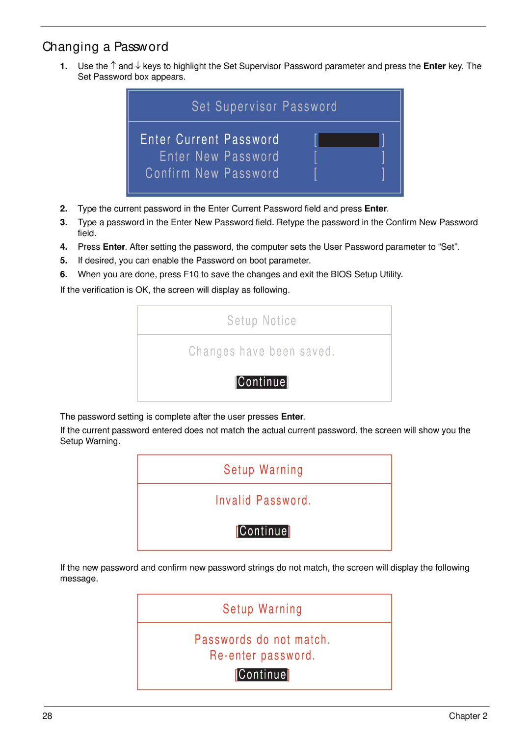 Acer 5942G manual Continue, Changing a Password 