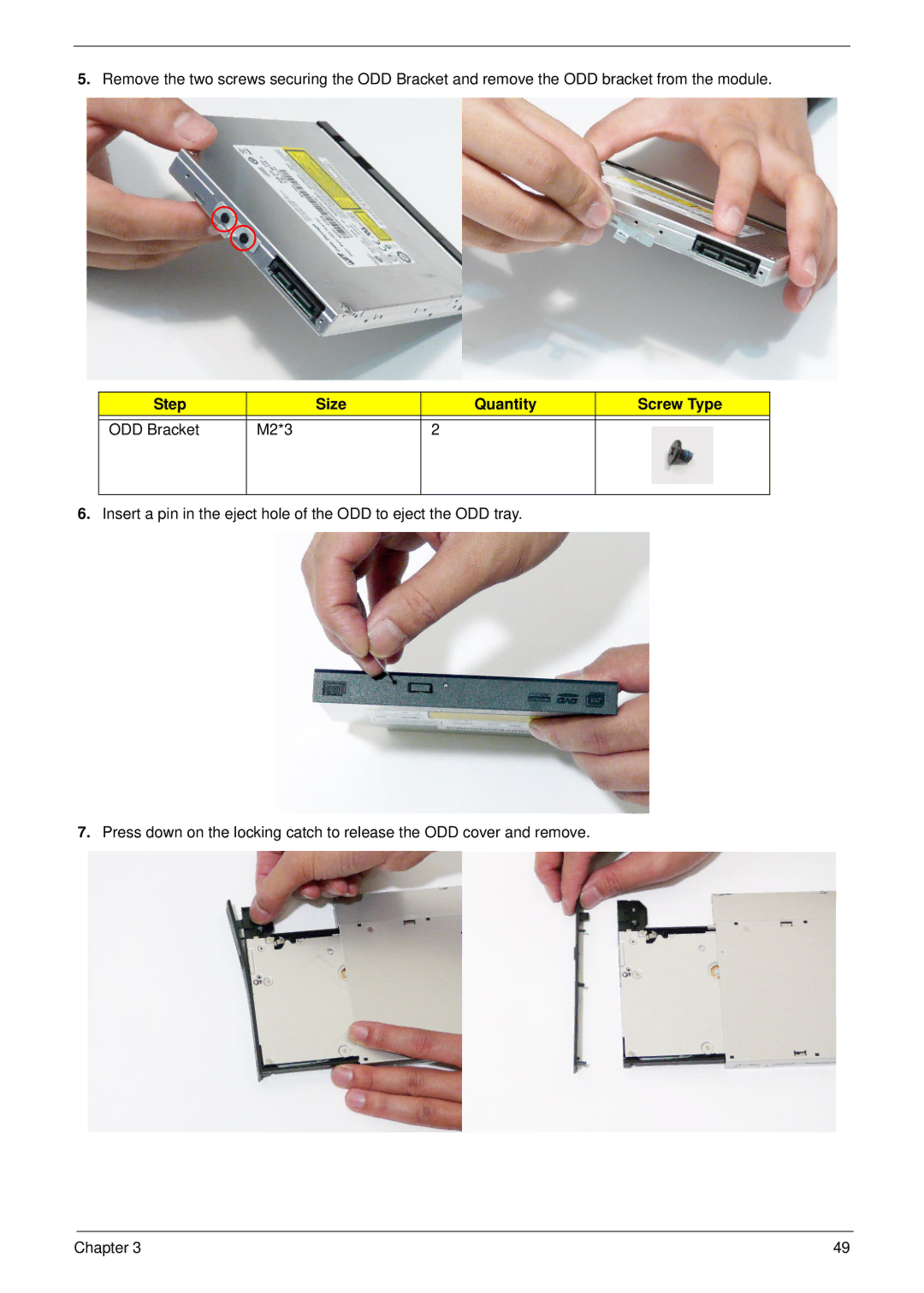 Acer 5942G manual Step Size Quantity Screw Type ODD Bracket M2*3 