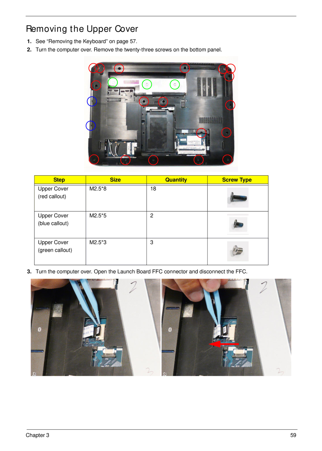 Acer 5942G manual Removing the Upper Cover, Step Size Quantity Screw Type 