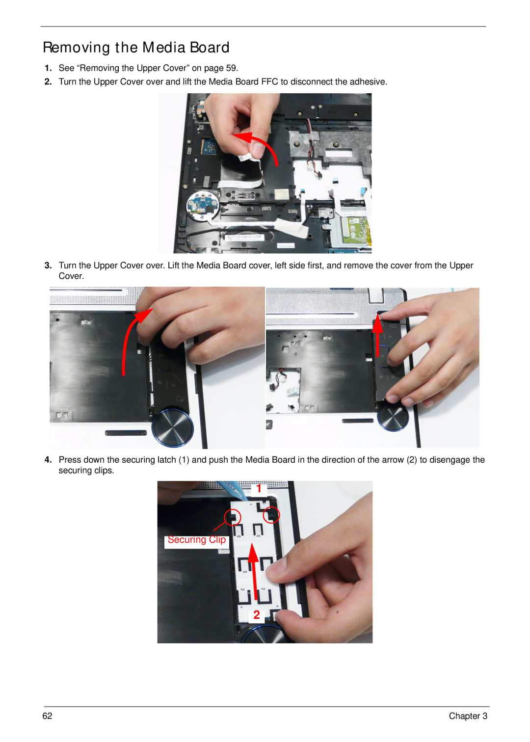 Acer 5942G manual Removing the Media Board, Securing Clip 