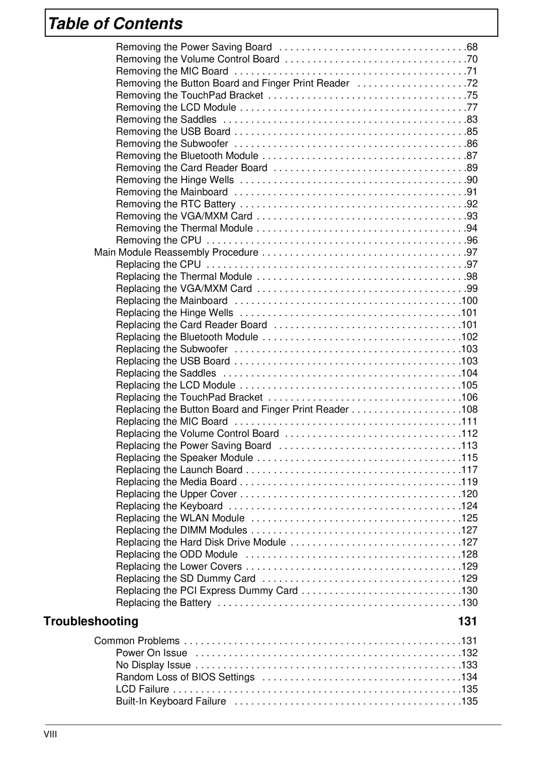 Acer 5942G manual Troubleshooting 131, Viii 