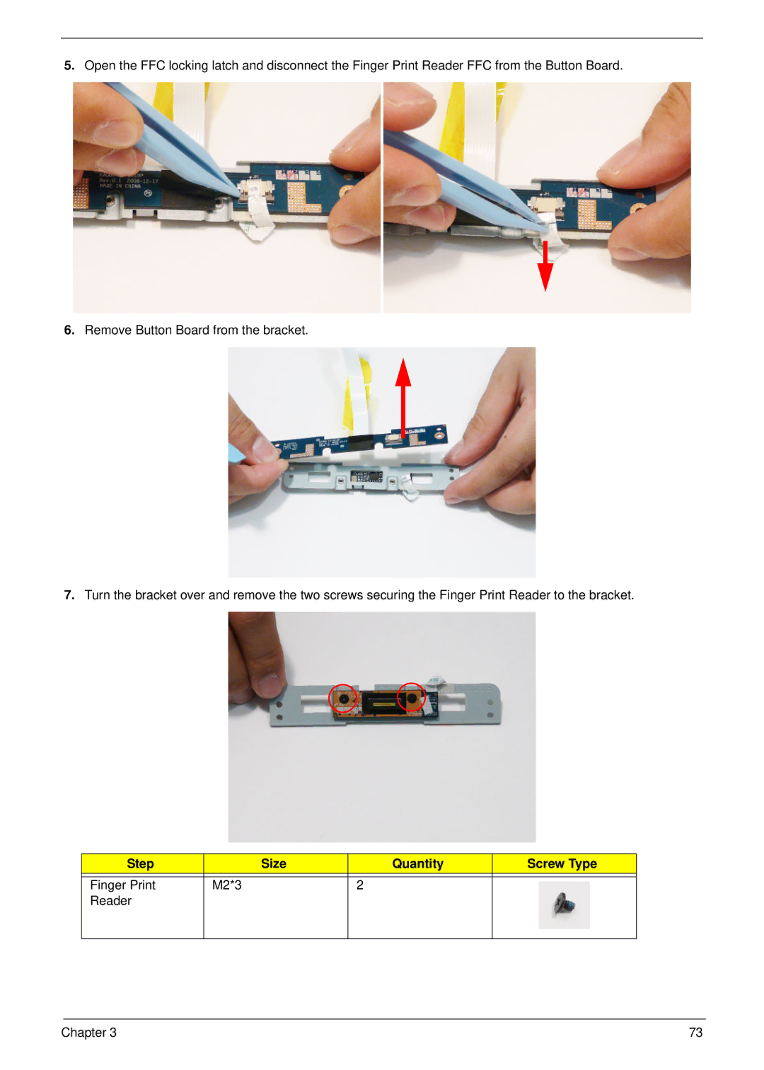 Acer 5942G manual Step Size Quantity Screw Type Finger Print M2*3 Reader 