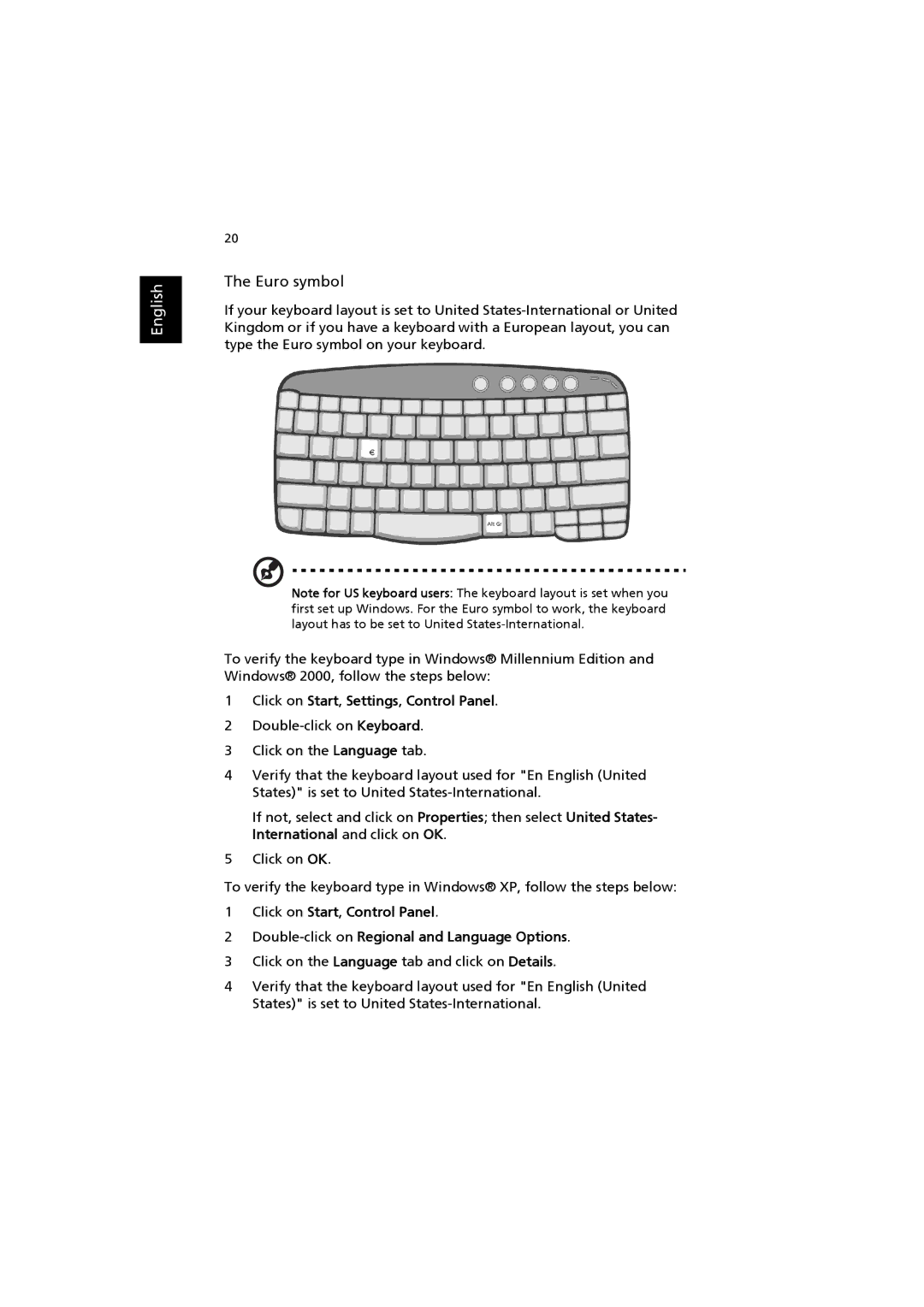 Acer 6000 Series manual Euro symbol, Click on Start, Settings, Control Panel 