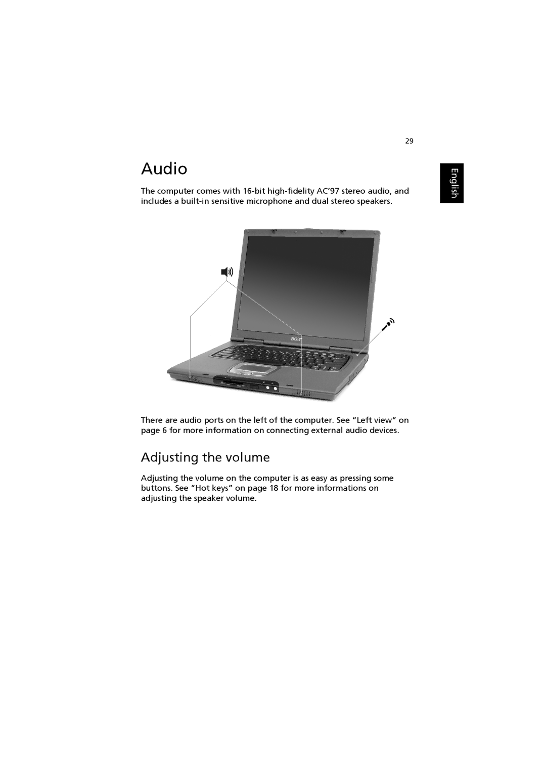 Acer 6000 Series manual Audio, Adjusting the volume 