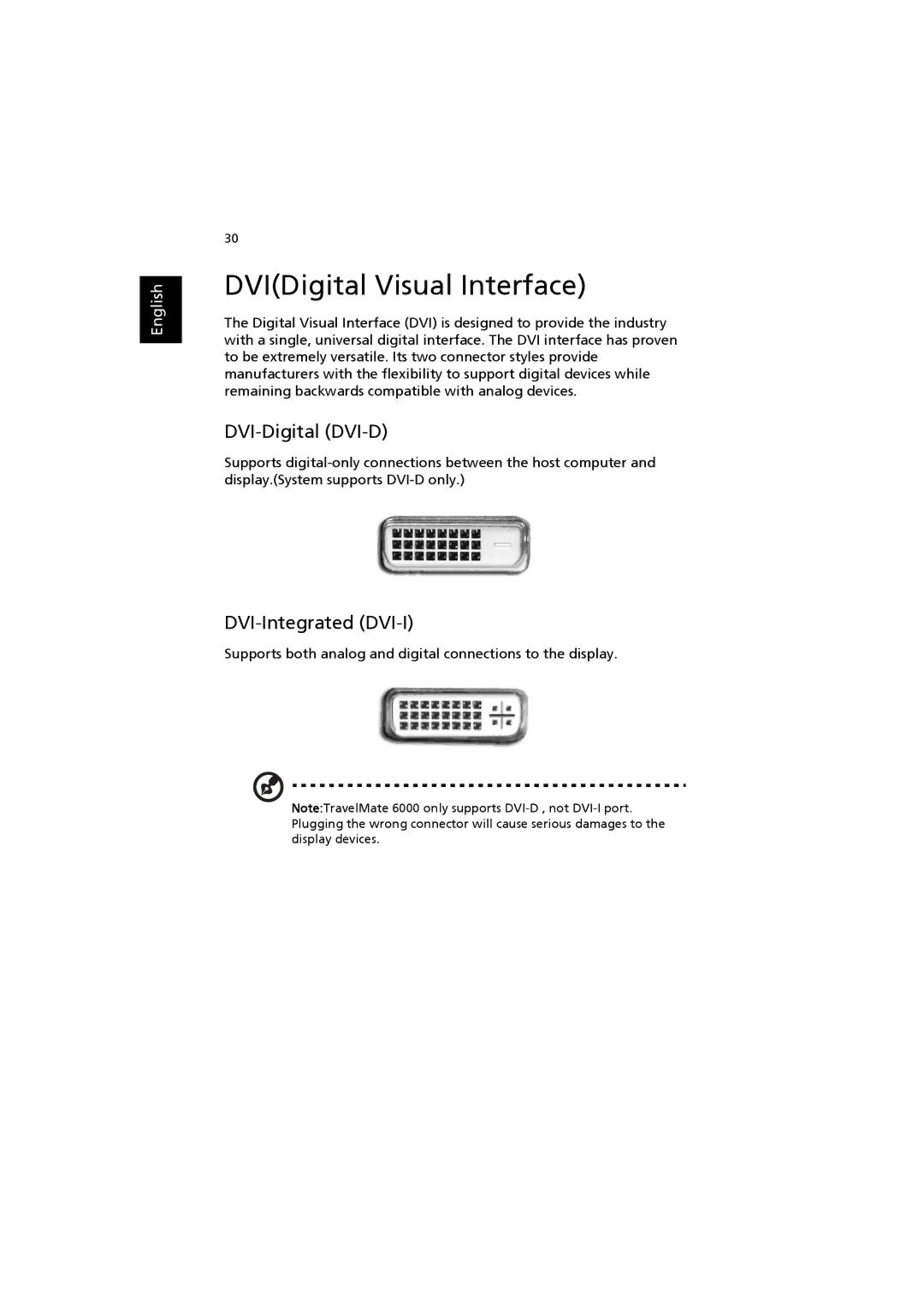 Acer 6000 Series manual DVIDigital Visual Interface, DVI-Digital DVI-D, DVI-Integrated DVI-I 