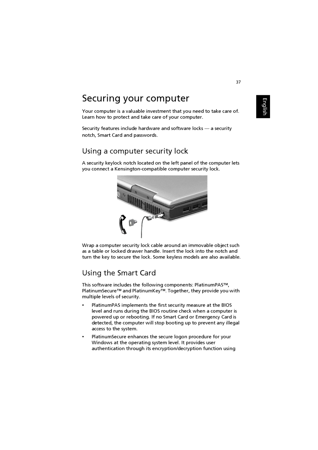 Acer 6000 Series manual Securing your computer, Using a computer security lock, Using the Smart Card 