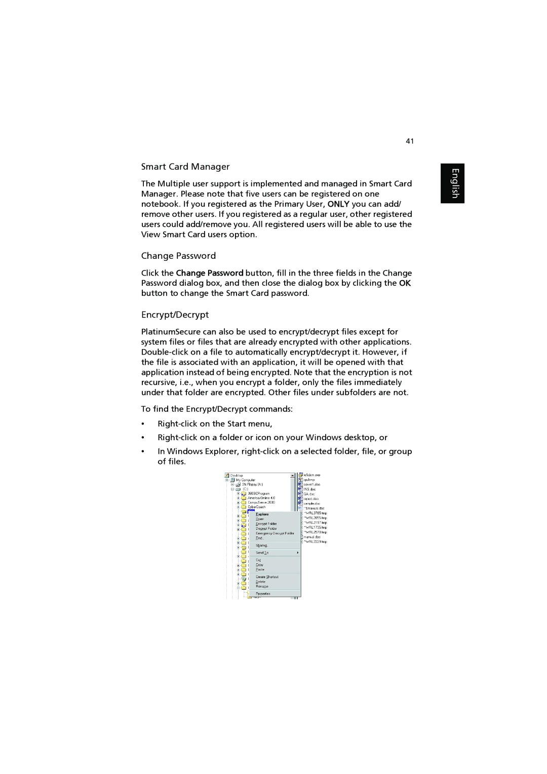 Acer 6000 Series manual Smart Card Manager, Change Password, Encrypt/Decrypt 