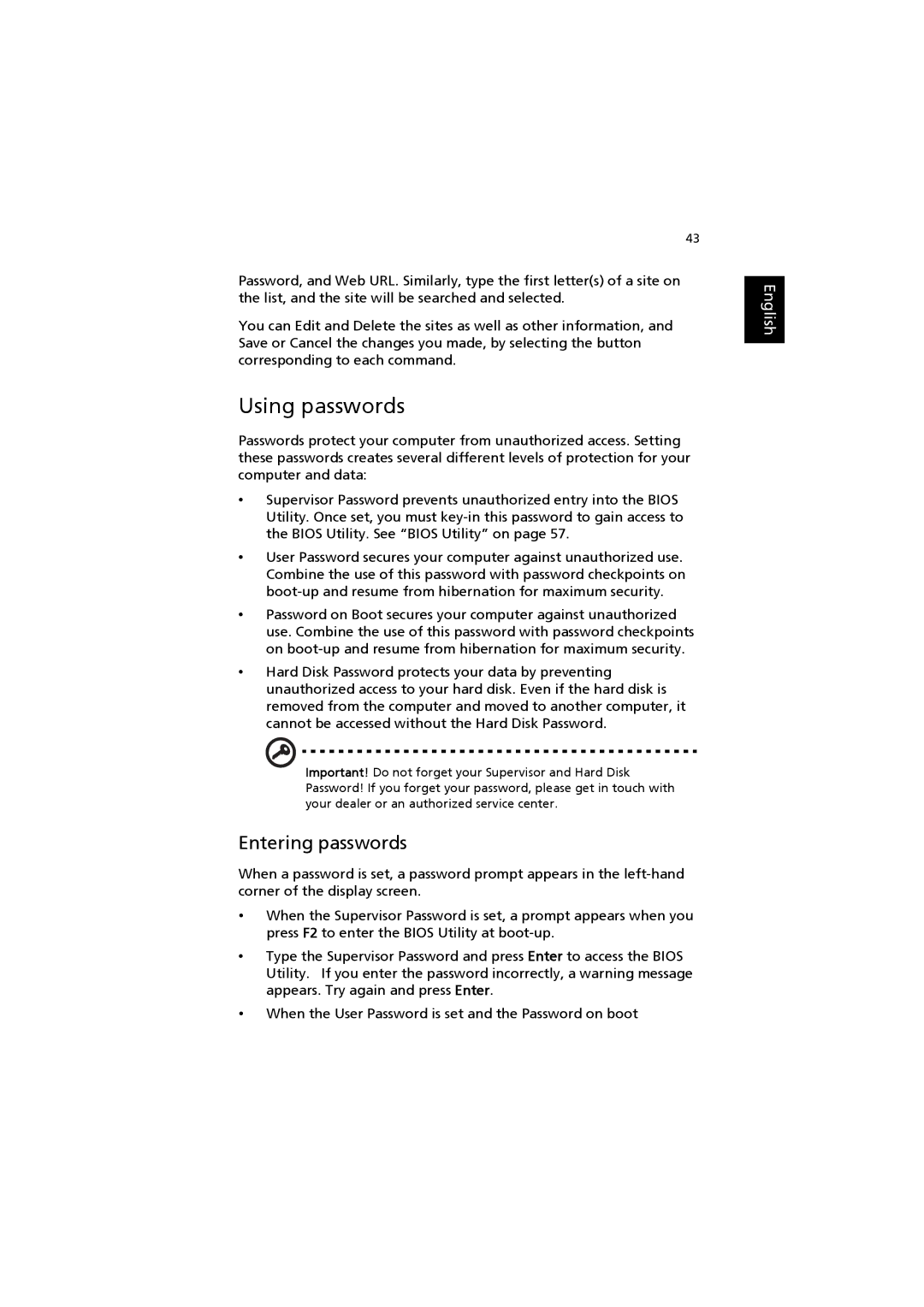 Acer 6000 Series manual Using passwords, Entering passwords 