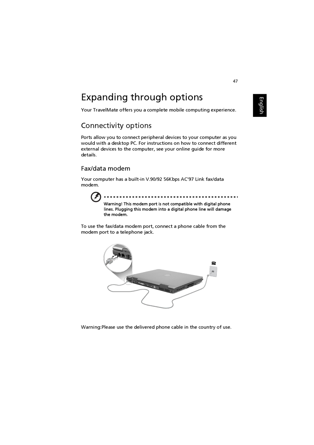 Acer 6000 Series manual Expanding through options, Connectivity options, Fax/data modem 