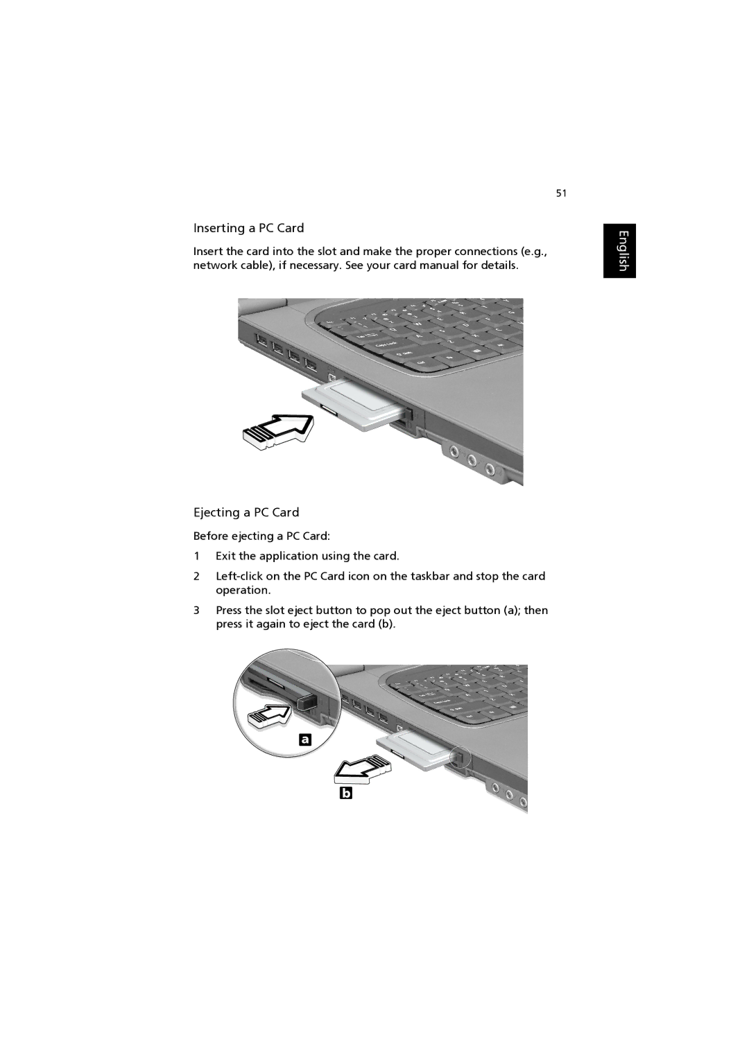 Acer 6000 Series manual Inserting a PC Card, Ejecting a PC Card 