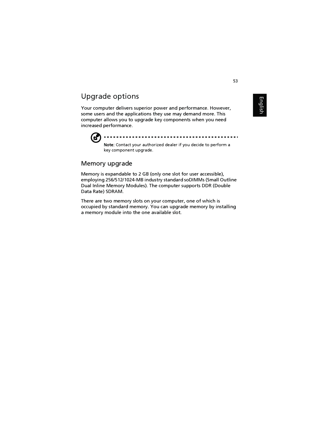 Acer 6000 Series manual Upgrade options, Memory upgrade 