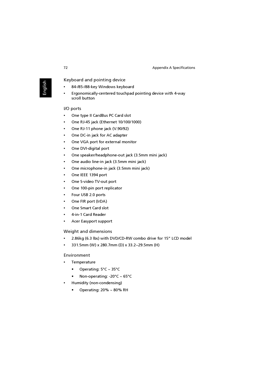 Acer 6000 Series manual Keyboard and pointing device, Ports, Weight and dimensions, Environment 