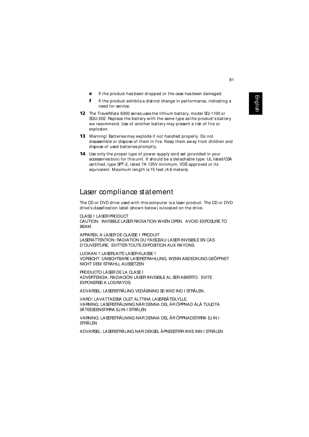 Acer 6000 Series manual Laser compliance statement 