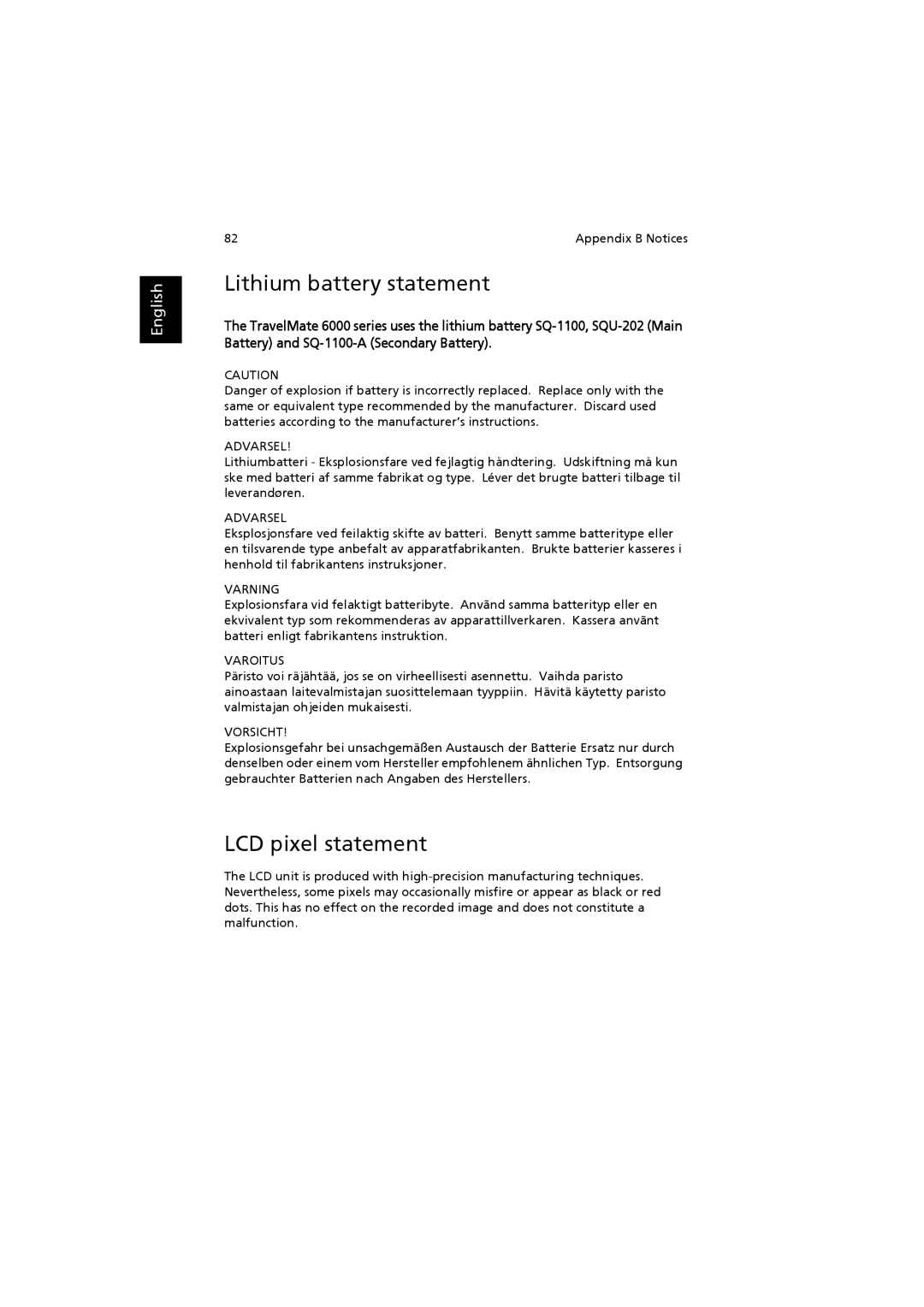 Acer 6000 Series manual Lithium battery statement, LCD pixel statement 