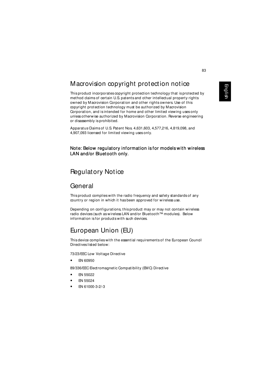 Acer 6000 Series manual Macrovision copyright protection notice, Regulatory Notice General, European Union EU 