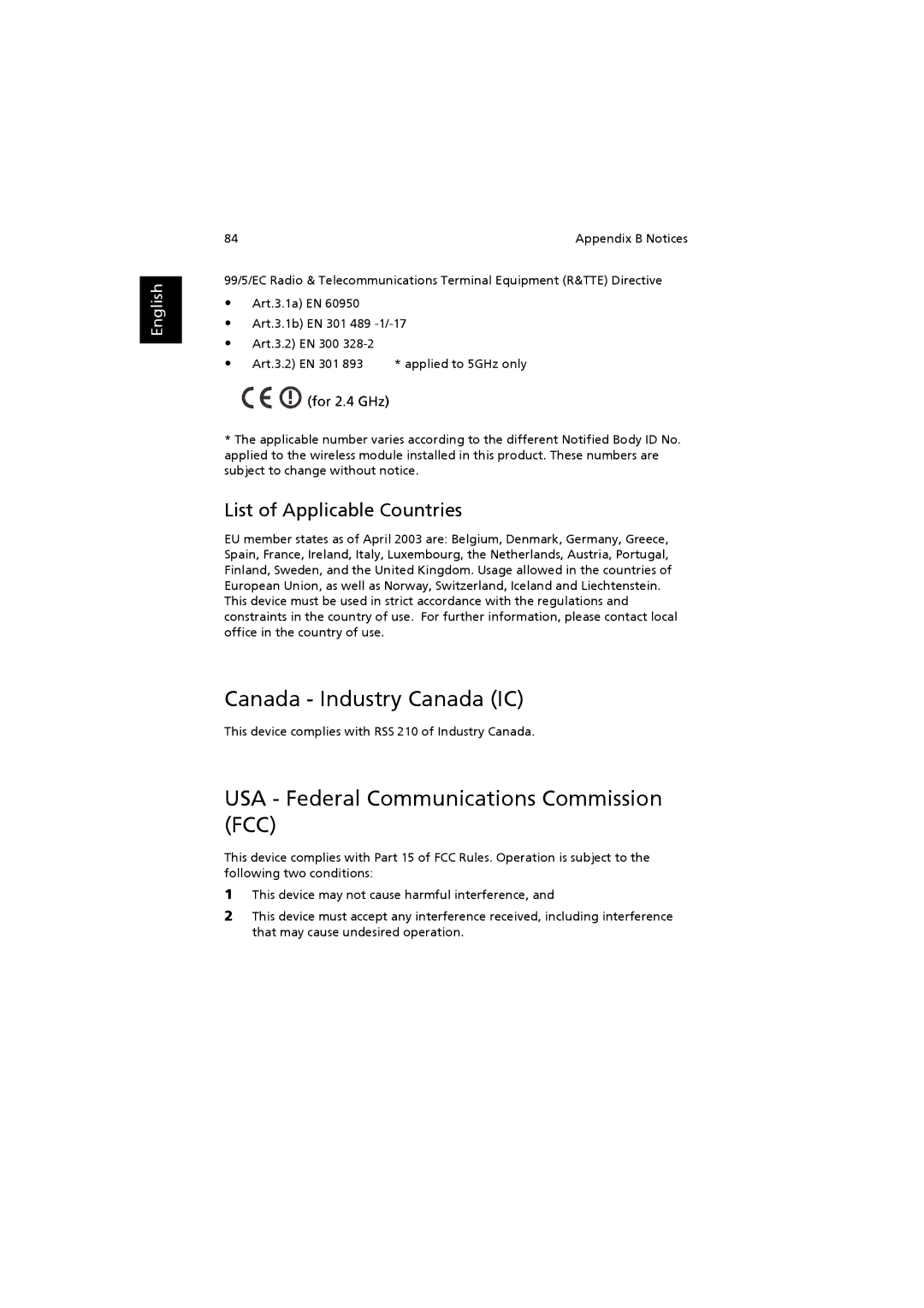 Acer 6000 Series manual Canada Industry Canada IC, USA Federal Communications Commission FCC 